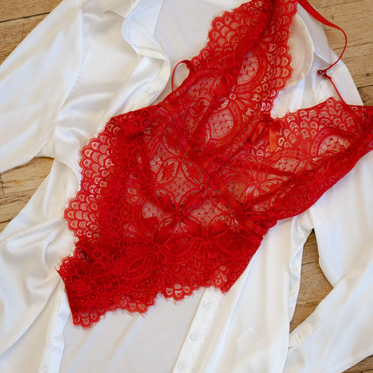 Red Lace Plunge Bodysuit